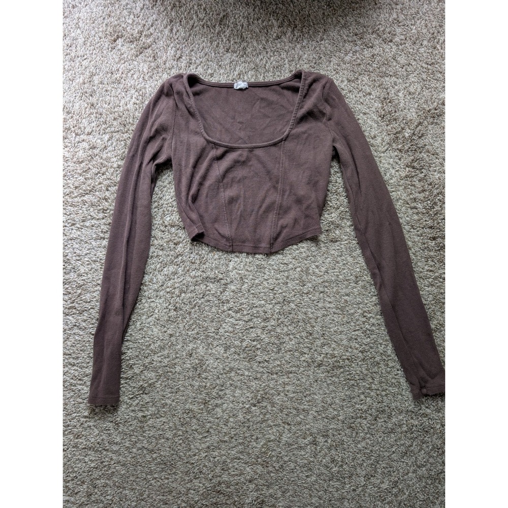Garage Corset Crop Top Women S Brown Ribbed Long Sleeve Scoop Neck Clean Girl